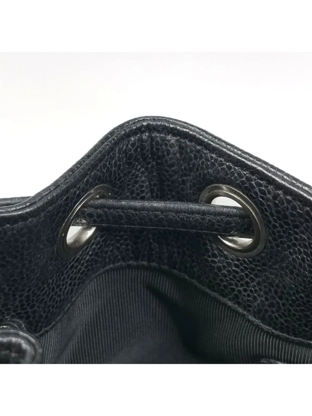Chanel Logo Chain Shoulder Bag Drawstring Caviar Leather Black